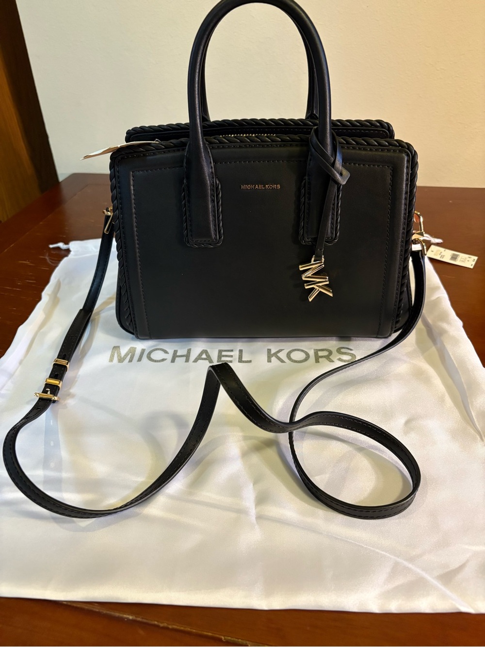 Michael Kors Black Leather Satchel with Gold MK Charm